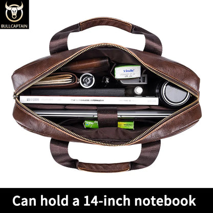BULLCAPTAIN Men's Genuine Leather Briefcase – 14-Inch Laptop Shoulder Messenger Bag for Business & Office