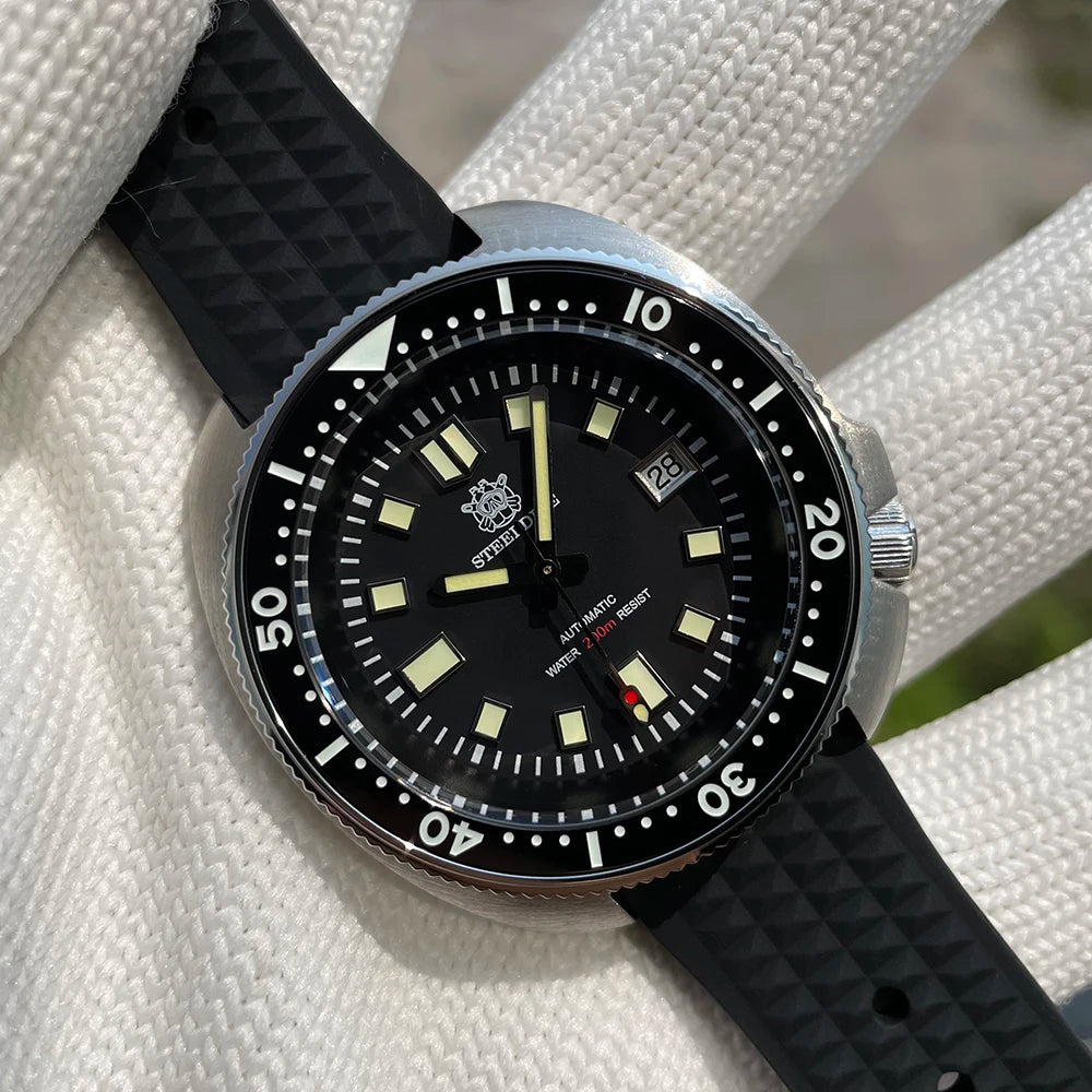 Steeldive SD1970 Men’s Automatic Dive Watch — 200M Waterproof, White Date Background, AR Coating Sapphire Glass, NH35 Black Dial Turtle Design