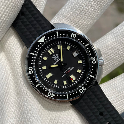 Steeldive SD1970 Men’s Automatic Dive Watch — 200M Waterproof, White Date Background, AR Coating Sapphire Glass, NH35 Black Dial Turtle Design