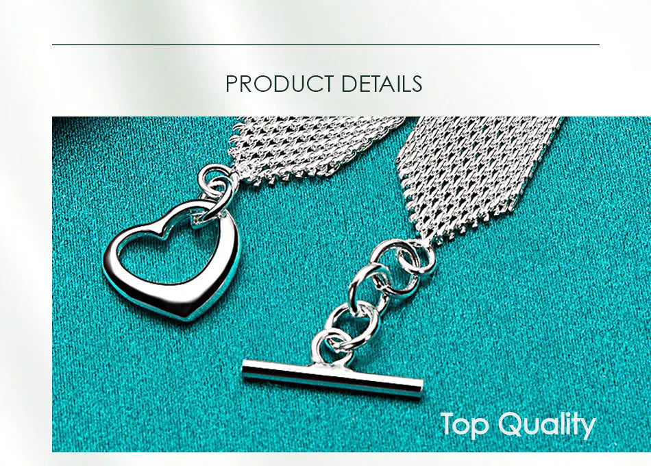 DOTEFFIL 925 Sterling Silver Heart Bracelet – Watchband Style Chain Jewelry for Men & Women