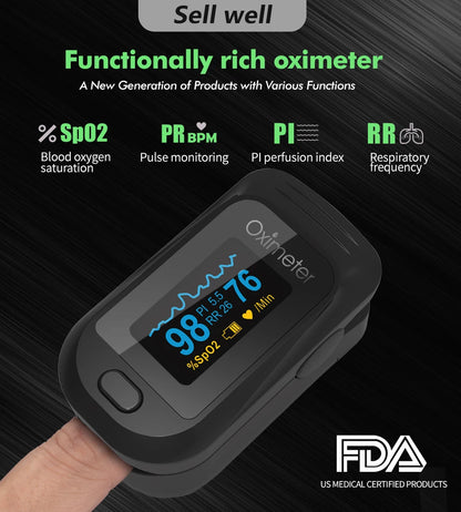 KIUZOU Finger Pulse Oximeter – SPO2, PR, PI, RR Blood Oxygen Saturation and Heart Rate Monitor with OLED Display
