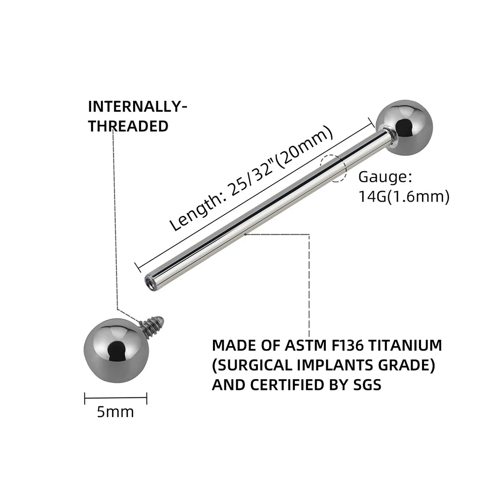 5Pcs Right Grand ASTM F136 Implant Grade Titanium Straight Barbell Tongue Ring – Internal Thread Body Piercing Jewelry (12–25mm)