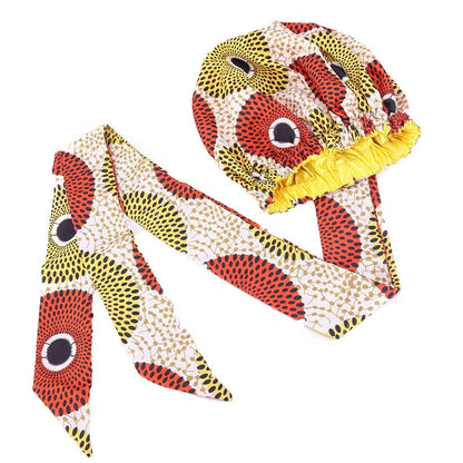 African Satin Lined Bonnet with Long Ribbon - Floral Ankara Print Head Wrap Turban Cap for Women