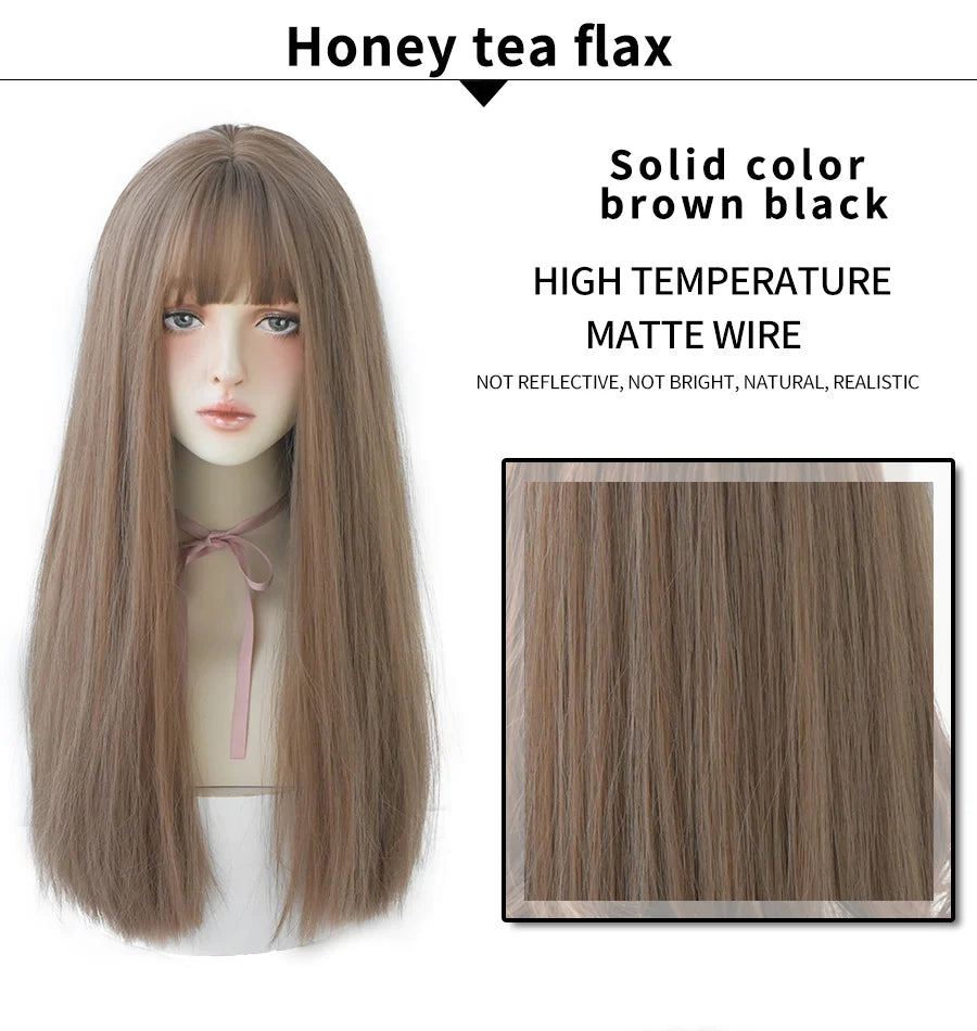 7JHHWIGS Long Straight Light Brown Synthetic Wig with Bangs – Heat-Resistant Daily Wear Wig for Women