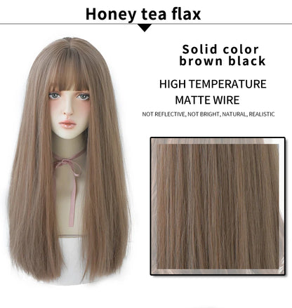 7JHHWIGS Long Straight Light Brown Synthetic Wig with Bangs – Heat-Resistant Daily Wear Wig for Women
