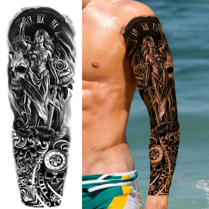 Temporary Tattoo Sleeve - Realistic Full Arm Skull Angel Maori Design Tattoo Sticker for Men & Women