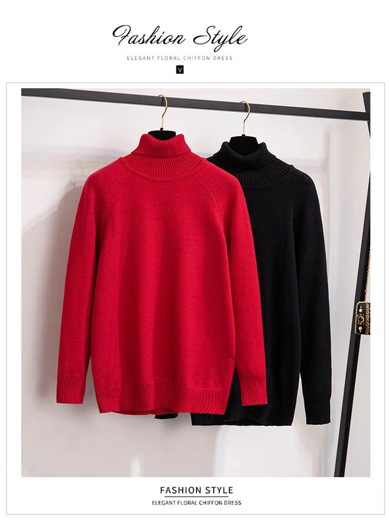 Plus Size 170Kg Women's Turtleneck Knitted Sweater – Loose Fit Pullover, Bust 160cm, Black/Red, 5XL-10XL