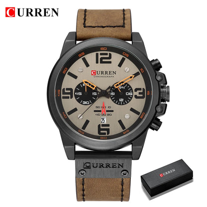 CURREN Men's Luxury Waterproof Sport Watch – Chronograph Quartz Military Wristwatch with Genuine Leather Strap