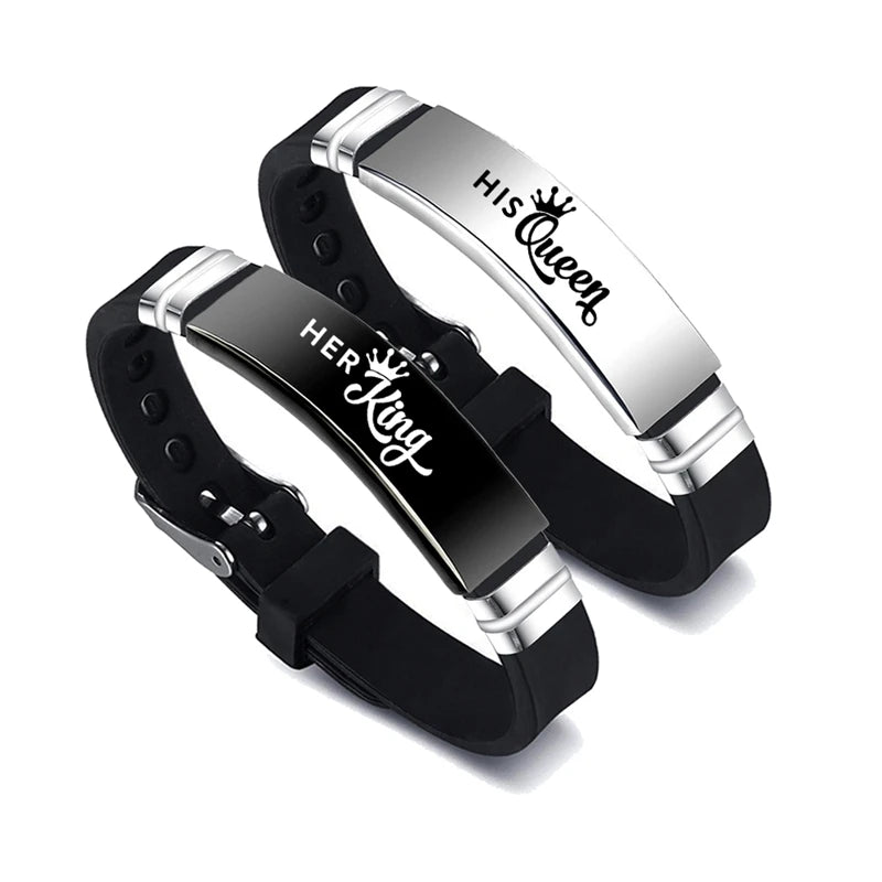 2 Pcs/Set His Queen Her King Couple Bracelets - Stainless Steel Adjustable Silicone Strap Bangles for Valentine's Day Gift