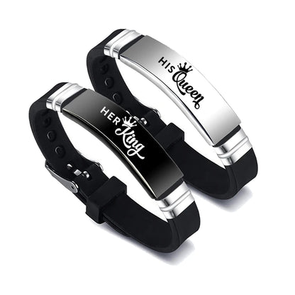 2 Pcs/Set His Queen Her King Couple Bracelets - Stainless Steel Adjustable Silicone Strap Bangles for Valentine's Day Gift
