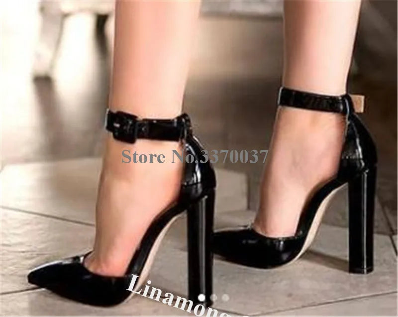Linamong Women’s Pointed Toe Patent Leather Pumps – Elegant Chunky Heel Ankle Strap High Heels in White & Black, Club Shoes