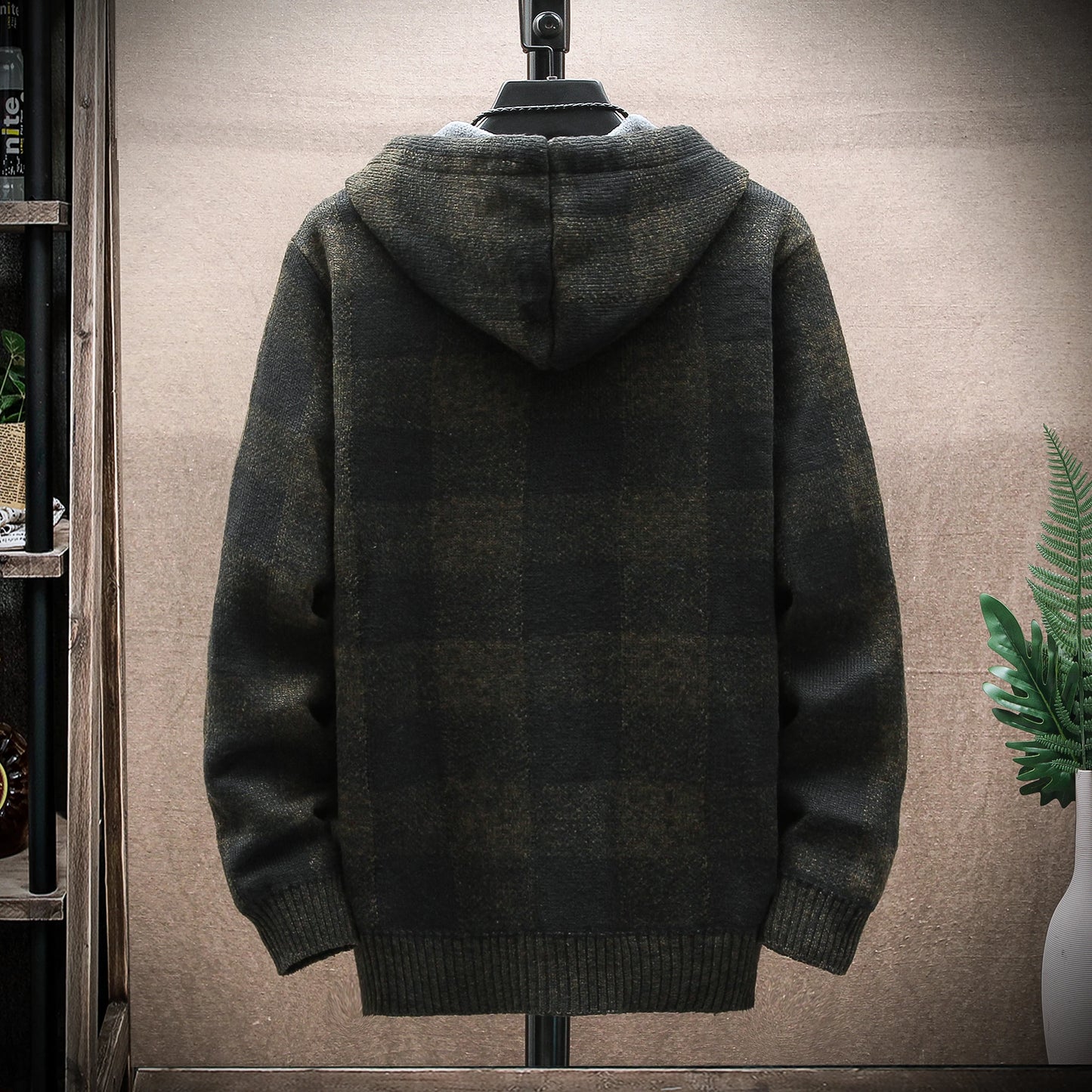 Men's Winter Plaid Hooded Cardigan – Warm Wool Fleece Zipper Jacket Knit Sweater Coat