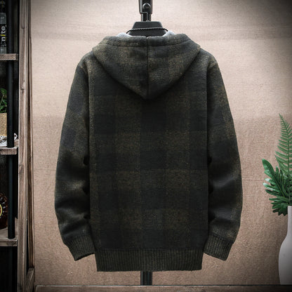 Men's Winter Plaid Hooded Cardigan – Warm Wool Fleece Zipper Jacket Knit Sweater Coat