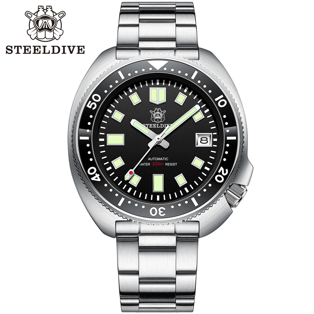 Steeldive SD1970 Men’s Automatic Dive Watch — 200M Waterproof, White Date Background, AR Coating Sapphire Glass, NH35 Black Dial Turtle Design