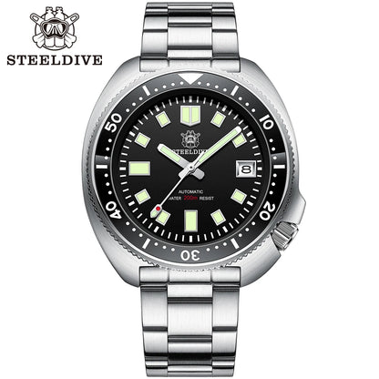 Steeldive SD1970 Men’s Automatic Dive Watch — 200M Waterproof, White Date Background, AR Coating Sapphire Glass, NH35 Black Dial Turtle Design