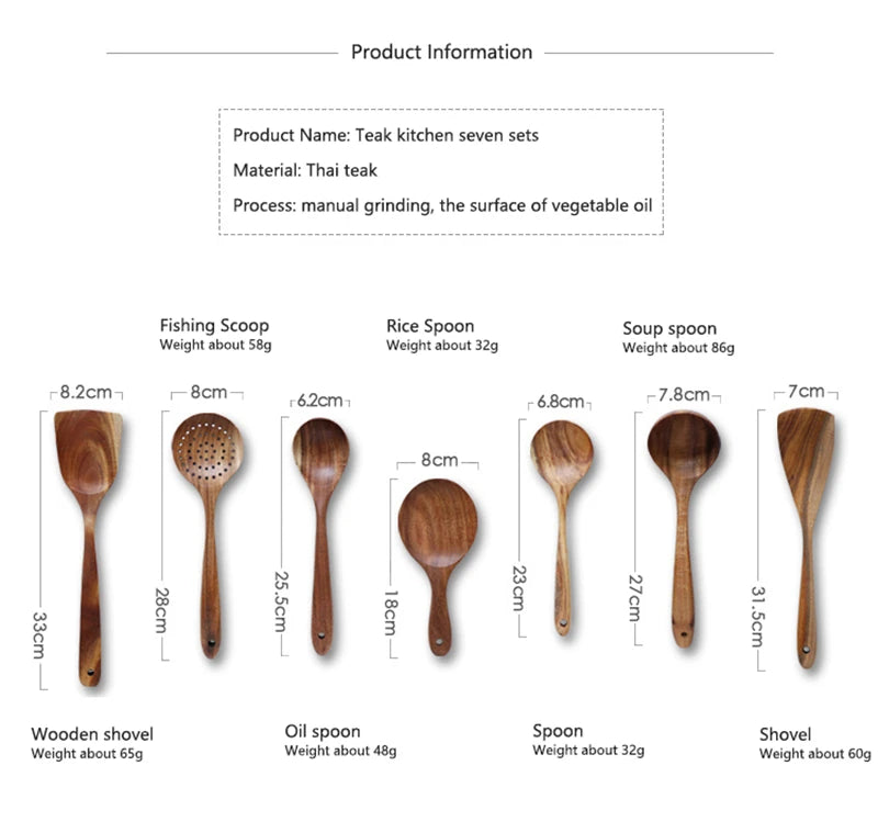 1-7pcs Teak Wood Tableware Set – Natural Wooden Spoons, Colander Spoon & Soup Skimmer Cooking Tool Kit