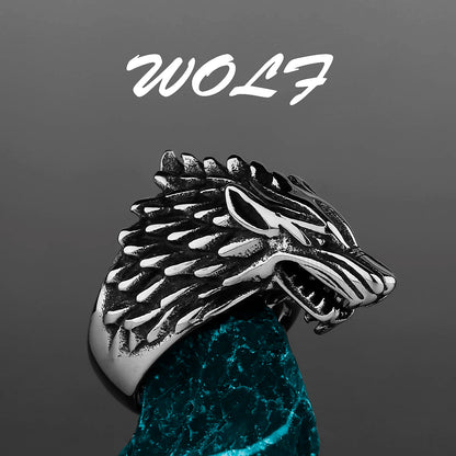 Nordic Viking Stainless Steel Ring - Compass Tree of Life Rune Wolf Amulet Jewelry for Men & Women
