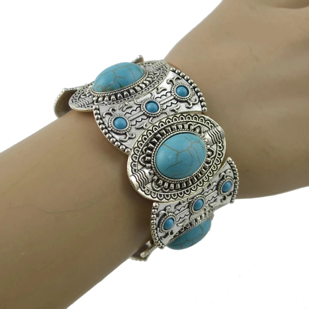 Gypsy Boho Tibetan Turquoise Bracelet for Women & Men – Vintage Elastic Ethnic Bangle Jewelry