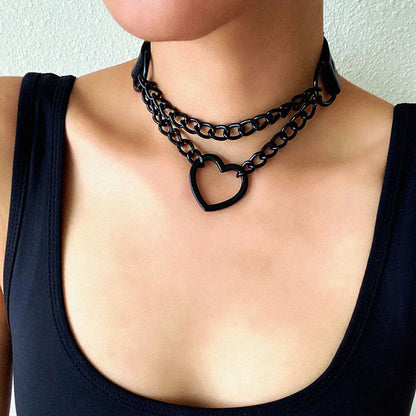 Vintage Heart Necklace Choker – Goth Collar with Chain, Grunge Punk, Cute Kawaii Egirl Harajuku Accessories for Girls