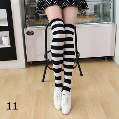 Women’s Over-Knee Long Stripe Socks & Arm Sleeve Gloves – Cute Plus Size Thigh High Cotton Socks