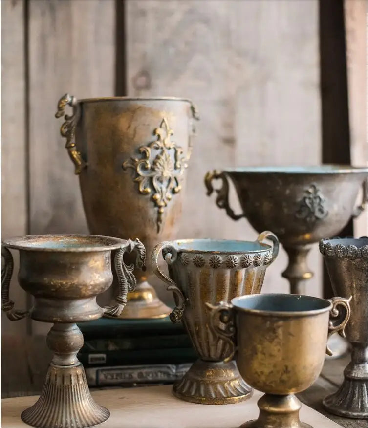 European Retro Iron Goblet Vase — Metal Flowerpot for Home, Living Room, Hotel & Flower Arrangement Decor
