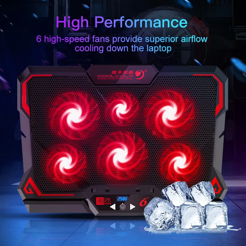 COOLCOLD 17-Inch Gaming Laptop Cooler - Six Fan System, LED Screen, Dual USB Ports, 2600RPM Cooling Pad & Notebook Stand