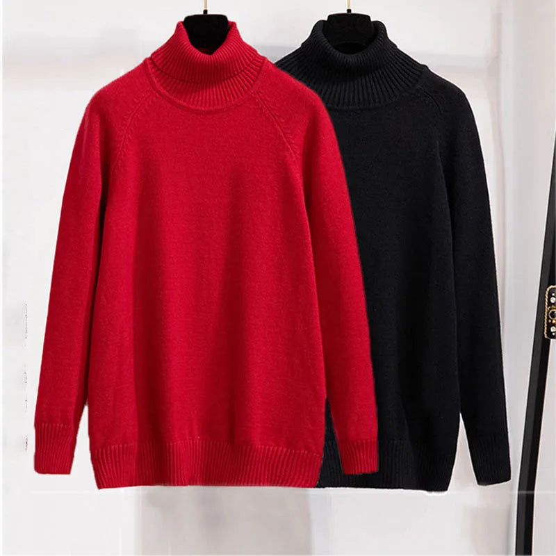 Plus Size 170Kg Women's Turtleneck Knitted Sweater – Loose Fit Pullover, Bust 160cm, Black/Red, 5XL-10XL