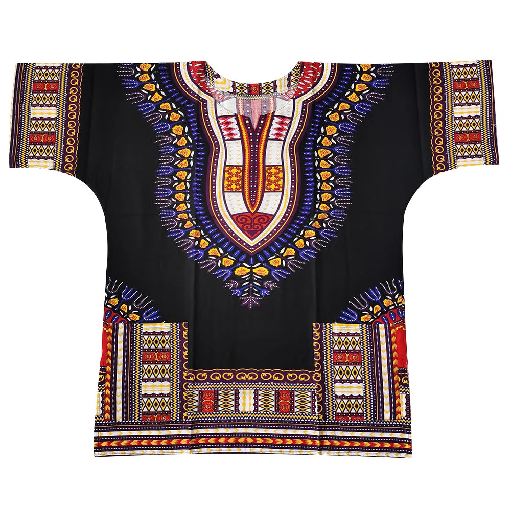 African Dashiki Cotton T-Shirt - Traditional Printed Unisex Fashion Top with Vibrant Ethnic Style Design