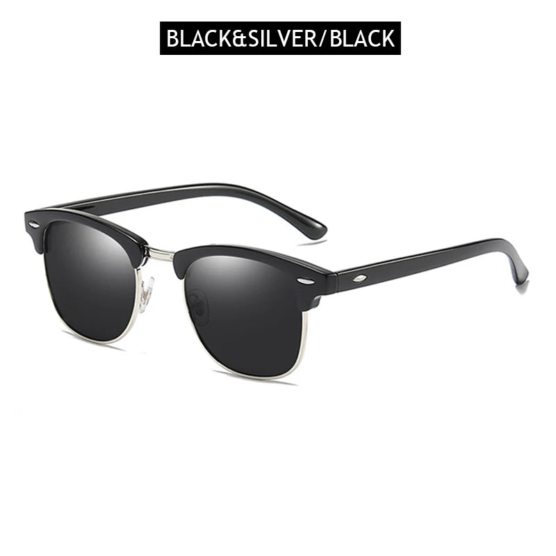 Classic Half Frame Polarized Sunglasses – Retro Rivet Design for Men & Women, Anti-Glare Black Travelling Shades