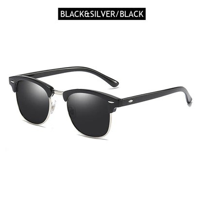 Classic Half Frame Polarized Sunglasses – Retro Rivet Design for Men & Women, Anti-Glare Black Travelling Shades