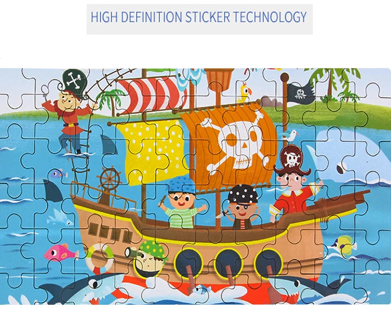60PCS Wooden Puzzle Toys – Cartoon Vehicle & Animal Jigsaw for Kids’ Learning & Educational Play