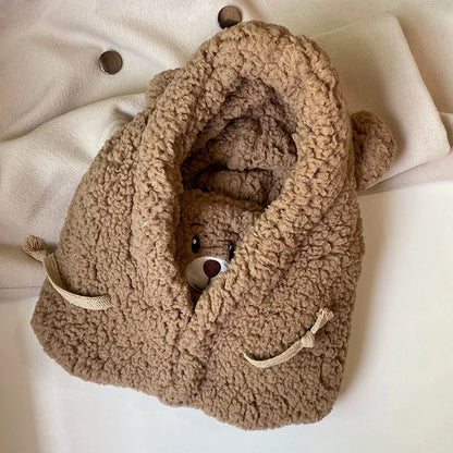 Cartoon Bear Ear Lamb Beanie Hat with Mask - Warm Balaclava Winter Skullies for Women & Girls