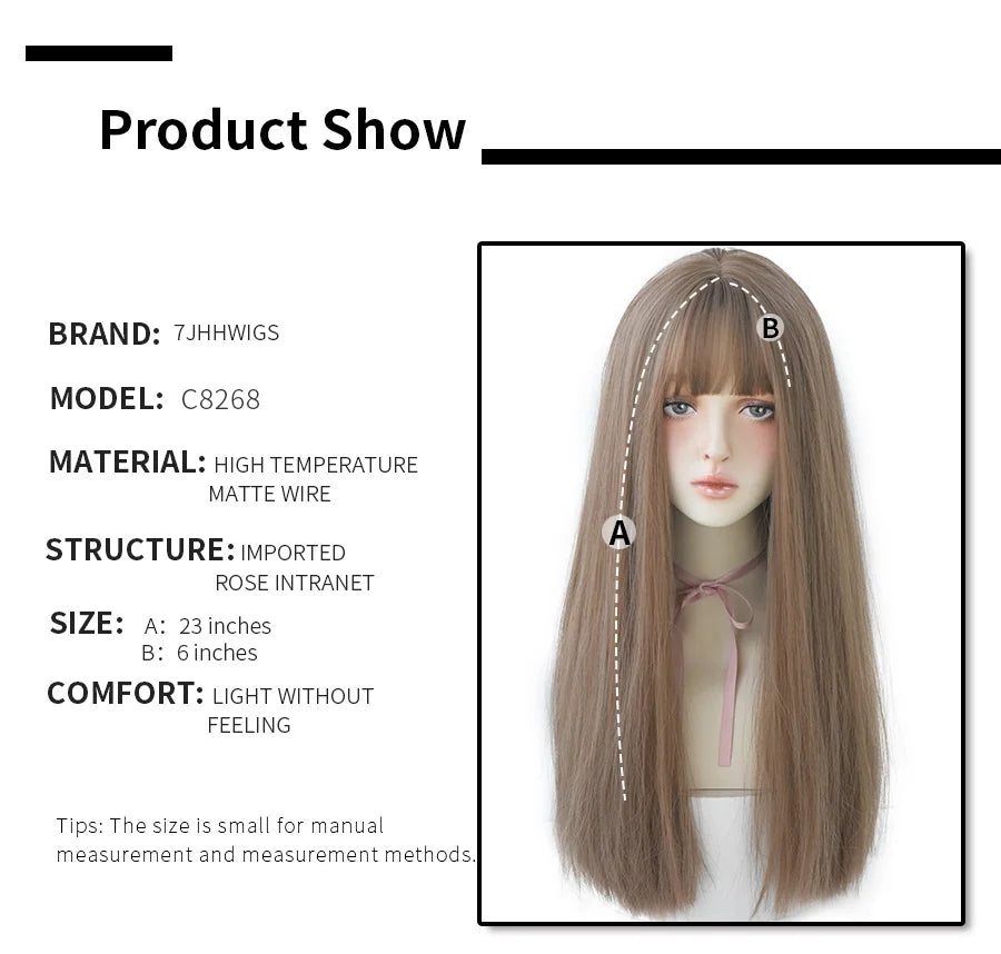 7JHHWIGS Long Straight Light Brown Synthetic Wig with Bangs – Heat-Resistant Daily Wear Wig for Women
