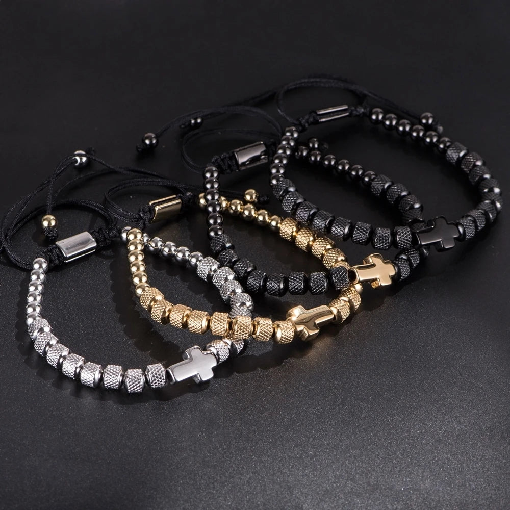 Cross Charm Beaded Bracelet - Stainless Steel Handmade Prayer Chain Jewelry Gift for Men & Women