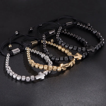 Cross Charm Beaded Bracelet - Stainless Steel Handmade Prayer Chain Jewelry Gift for Men & Women