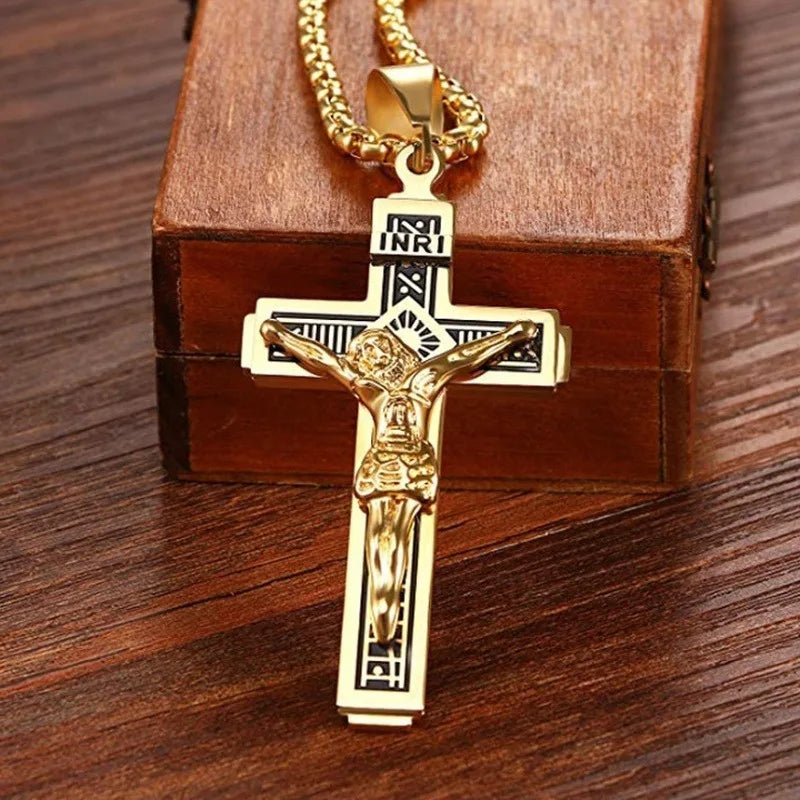 Vintage Jesus Cross Pendant Necklace – Catholic Christian Amulet Jewelry for Men & Women Religious Prayer Gift