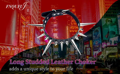Punk Long Spike Choker – Studded Faux Leather Collar for Men & Women, Goth Rivet Necklace