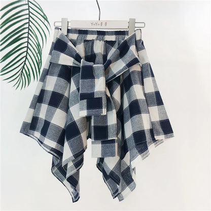 TOTRUST Women’s Fashion Asymmetrical Summer Plaid Mini Skirt – Casual College Style Fake Shirt Design