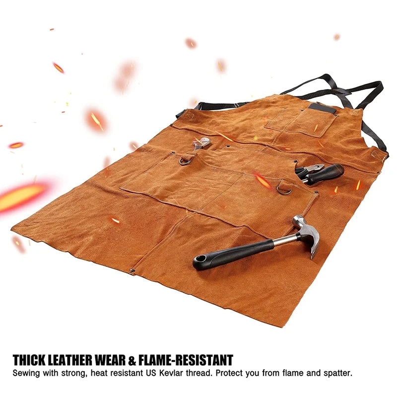 Heavy Duty Leather Welding Apron - Flame-Resistant Work Forge Apron with 6 Pockets - 42-Inch Large Size