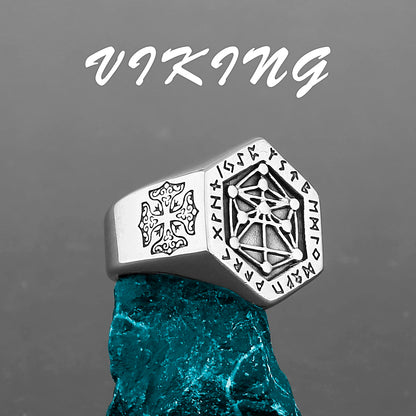 Nordic Viking Stainless Steel Ring - Compass Tree of Life Rune Wolf Amulet Jewelry for Men & Women