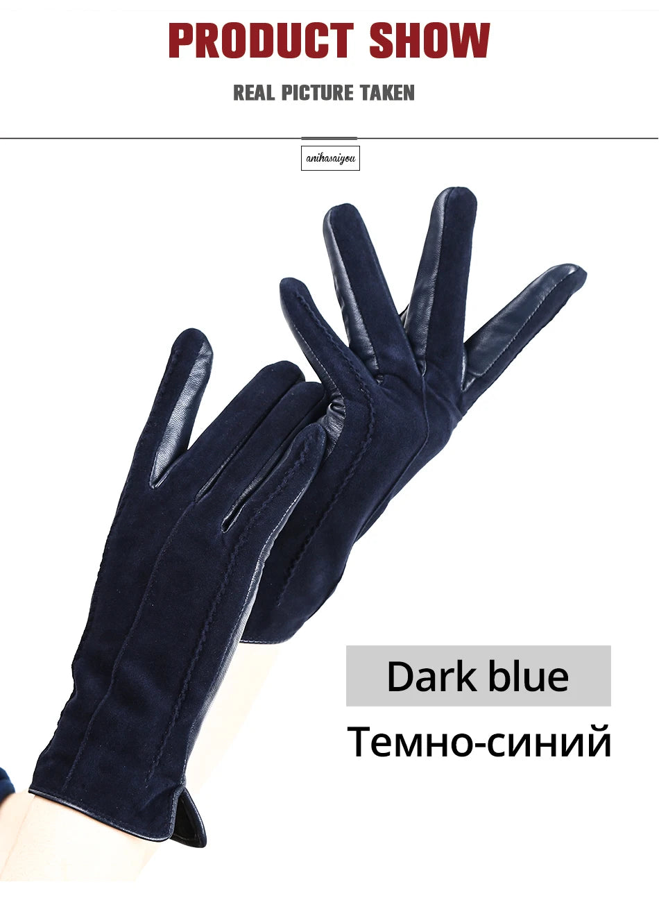Women’s Winter Touch Gloves – 50% Genuine Leather & 50% Suede, Colorful Warm Leather Gloves