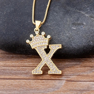 Nidin Luxury A-Z Crown Alphabet Pendant – Copper Zircon Initial Necklace Chain, Hip-Hop Style Jewelry for Men & Women