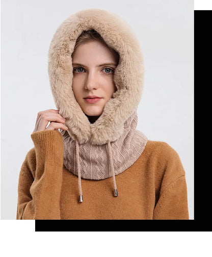 Winter Fur Cap Mask Set – Hooded Knitted Cashmere Neck Warmer, Plush Windproof Balaclava Ski Beanie for Women