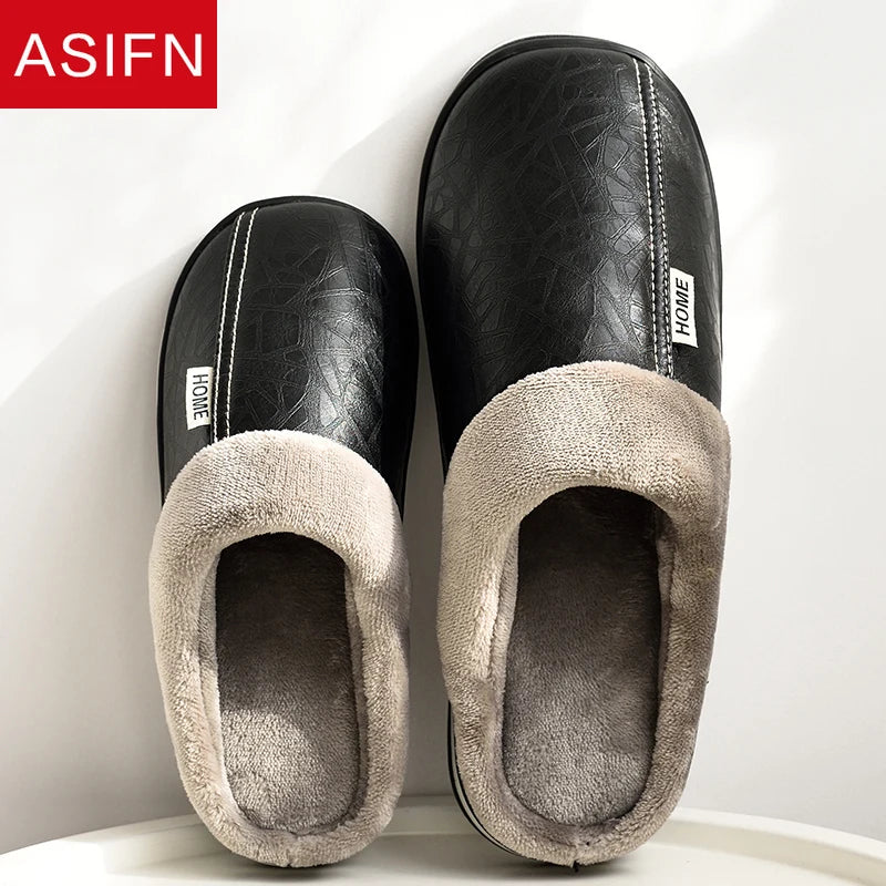 Men’s Large Size Winter Slippers — Waterproof PU Leather Indoor Home Shoes with Fur Cotton, Flat Bedroom Slippers
