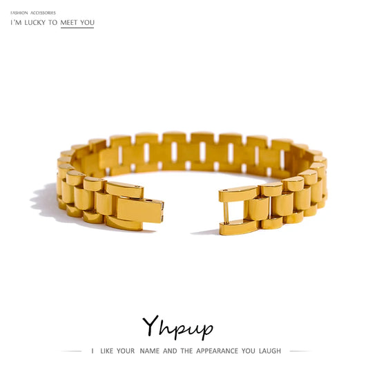 Yhpup Stainless Steel Chain Bracelet – 18K Gold Plated Heavy Metal Texture Waterproof Fashion Jewelry for Men & Women