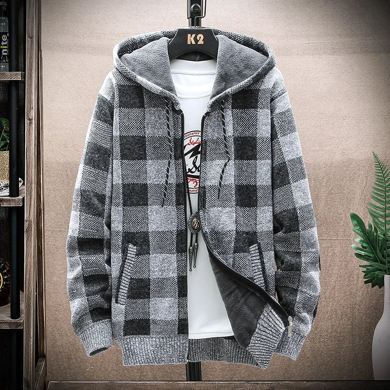 Men's Winter Plaid Hooded Cardigan – Warm Wool Fleece Zipper Jacket Knit Sweater Coat