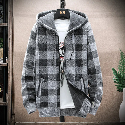 Men's Winter Plaid Hooded Cardigan – Warm Wool Fleece Zipper Jacket Knit Sweater Coat