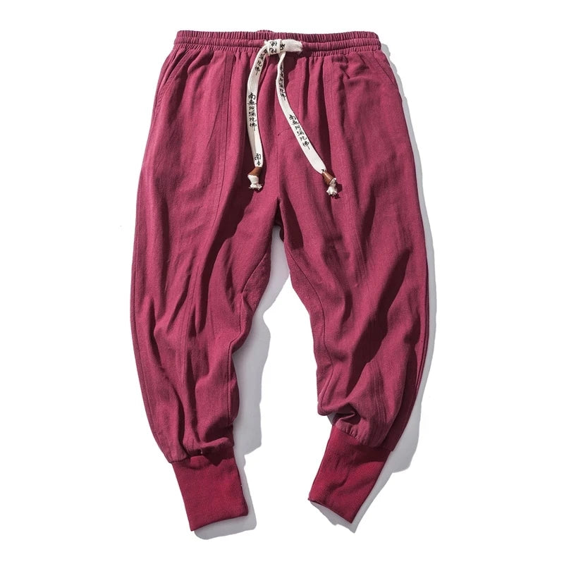 Men’s Cotton Linen Harem Pants – Solid Color Baggy Drop-Crotch Joggers with Elastic Waist Casual Streetwear Trousers