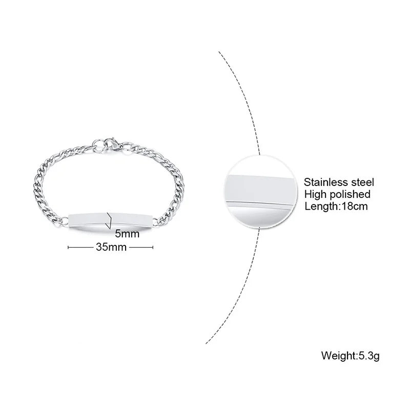 Elegant Personalized ID Bar Bracelet – 5mm Stainless Steel Link Chain for Women with Custom Name or Quote