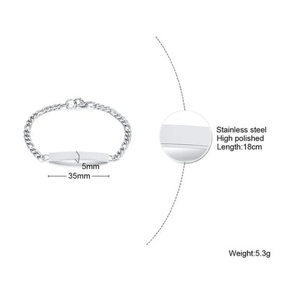 Elegant Personalized ID Bar Bracelet – 5mm Stainless Steel Link Chain for Women with Custom Name or Quote